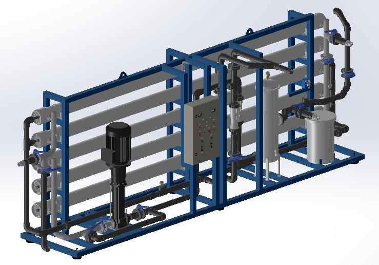 Projeto 3D de sistema de osmose reversa de 16,5 m³/h em skid azul