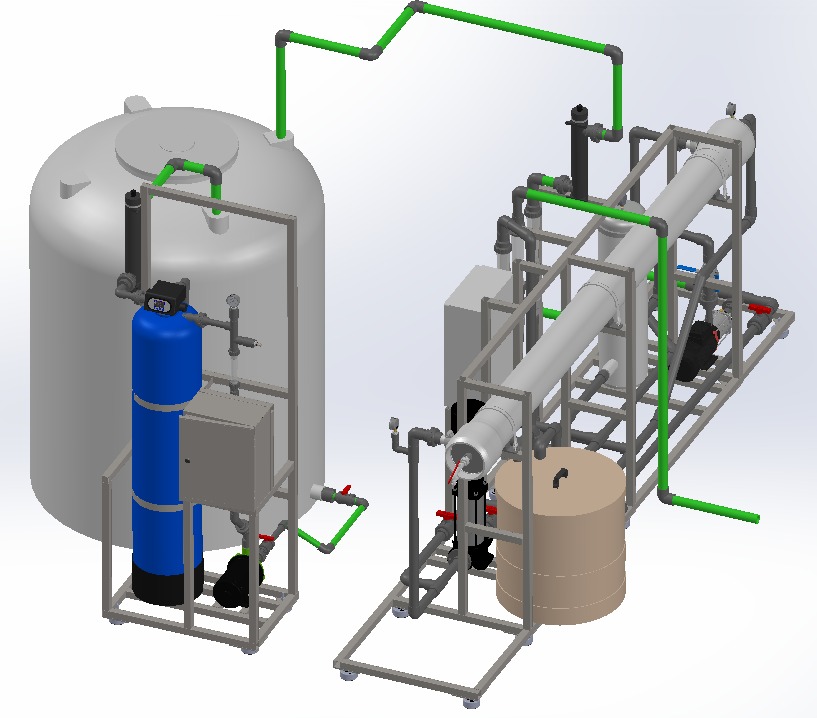 Projeto 3D de sistema de osmose reversa com deionização (DI) e tanque de armazenamento