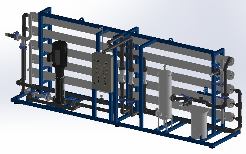 Projeto 3D de sistema de osmose reversa de 16,5 m³/h — vista lateral