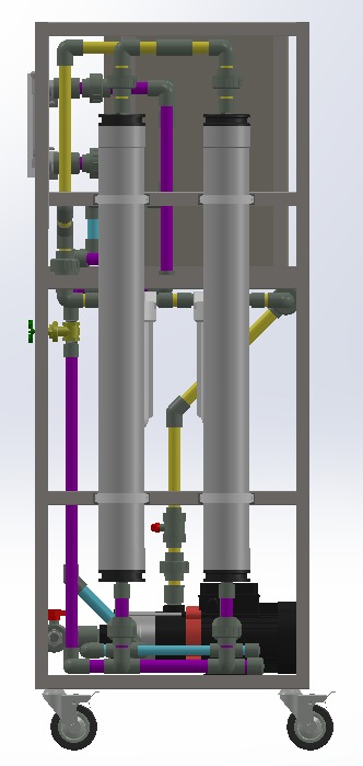 Projeto 3D de sistema vertical compacto de osmose reversa com tubulações identificadas
